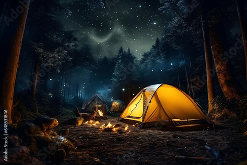 A night camp with a yellow light inside. Shooting stars background. Holiday Camping night concept.