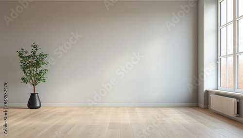 Empty living room with wooden floor and a plant