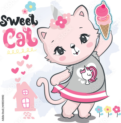 Little cat girl in dress and holding a ice cream cone vector illustration.