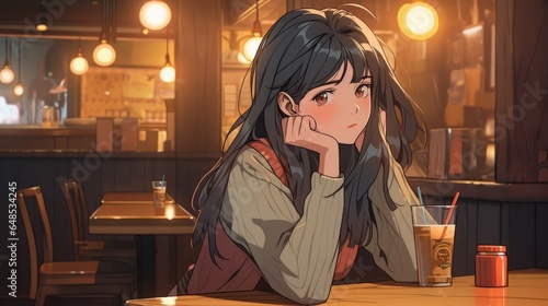Serenity in a Cup: Animated Girl Enjoying Coffee Alone in a Café  ※I've enhanced the quality by combining AI generation technology with meticulous post-editing sketches.