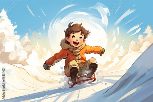 smiling boy on a sled going down the mountain. generative ai. cartoon look. © Alexander Odessa 