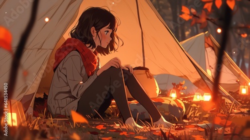 Autumn Moments: Animated Girl Reflecting Alone in a Tent Under Soft Lighting.
※Illustration enhanced through AI technology and creative sketching.