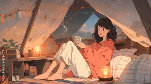 Chill Vibes: Animated Girl Relaxing with Smartphone at Campsite 
※Illustration enhanced through AI technology and creative sketching.