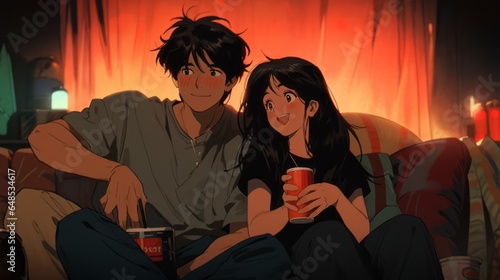 Joyful Movie Time in '90s Vibe: Animated Couple Enjoying a Film