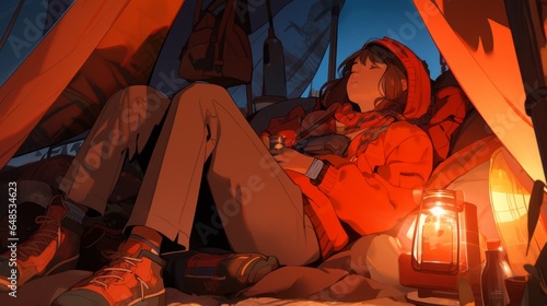 Winter Night's Rest: Animated Girl Relaxing in a Tent Under Soft Lamp Light 
※Illustration enhanced through AI technology and creative sketching.