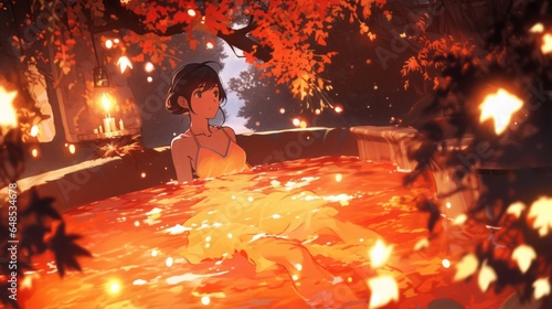Girl Relaxing in an Enchanted Autumn Forest Hot Spring: An Animated Artwork Filled with Fall Foliage and Soft Lighting
※Illustration enhanced through AI technology and creative sketching.