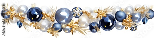 A row of blue and white christmas ornaments. AI image. Panoramic banner.