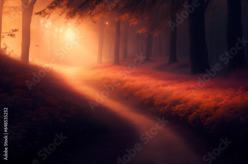 Sunset in the forest and sunlight. Ai