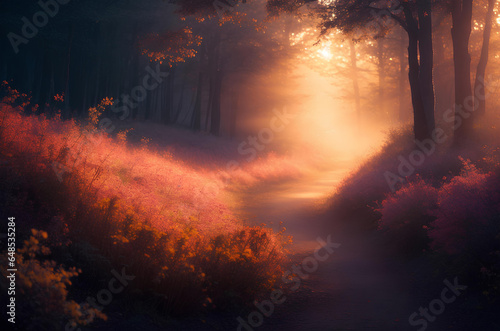 Sunset in the forest and sunlight. Ai
