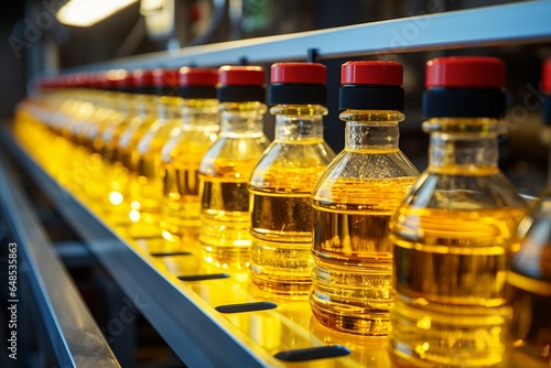 Factory production line efficiently filling bottles with refined sunflower seed oil