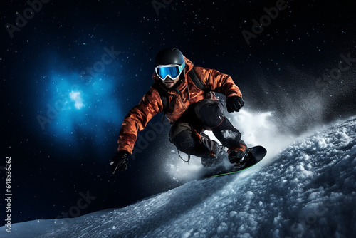 snowboard at night, generative ai. winter sports. holiday in the mountains in winter.