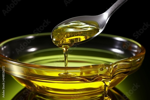Macro shot displays olive oil gracefully filling a glistening spoon's concave photo
