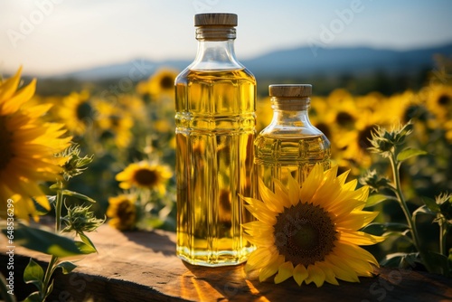 Nature s beauty captured with a sunflower oil bottle in a sunflower field