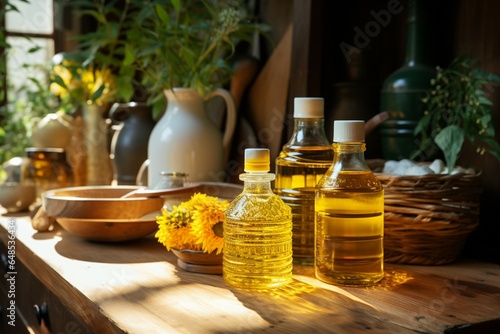 Pantry essentials kitchen utensils, sunflower oil, and a rustic wooden table