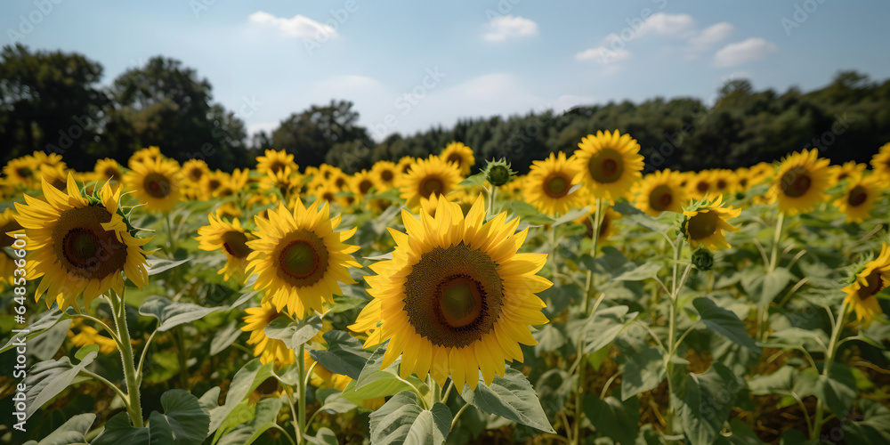 field of bright yellow sunflowers facing the sun one generative AI