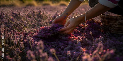 field of fragrant lavender being harvested by hand one generative AI