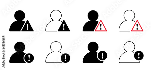 Stickman or stick figure man icon. Account verified warning error, warning, alert and issue user icon.. Attention sign. Group important notice. Fake, profile account. Invalid user profile symbol.