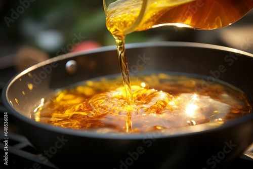 The sizzle of food oil as it's poured into a searing hot pan