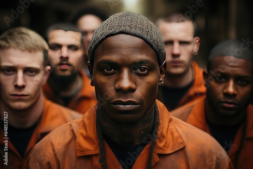 Group of tattooed convicts looking at camera and wearing orange prisoner suits photo
