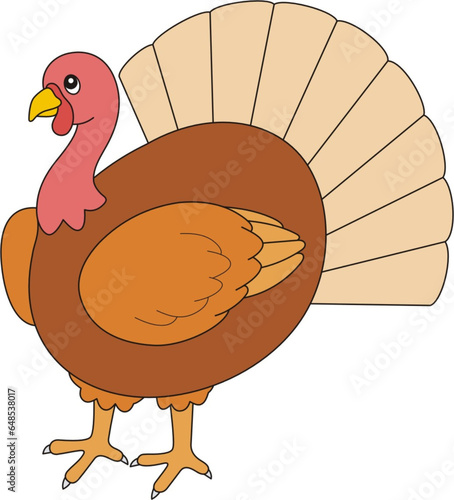 Turkey Vector Illustration, Cartoon, Clipart, Turkey icon image in cartoon style, Happy Thanksgiving Turkey Bird Cartoon Character, spreading tail feathers, Turkey Animal Cartoon 