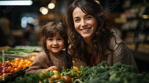 Family in the supermarket. Beautiful young mom and her little daughter smiling and buying food. The concept of healthy eating. Harvest © ND STOCK
