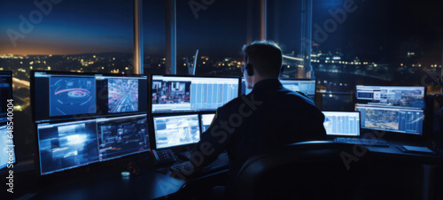 Security guards in security control room with video wall or legal service of danger in office Worker, law patrol, Police Officer\'s Expertise in an Emergency Call Center, Blurred image