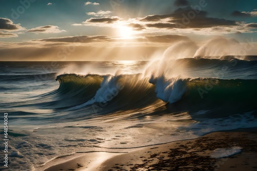 Ocean's Serenade: Waves Crashing, Sun Glistening on the Shore