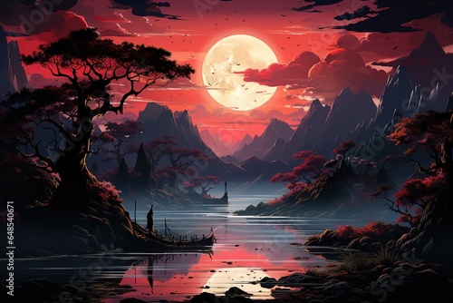 Fantasy wallpaper. Vaporwave sunset over the mountains © DZMITRY