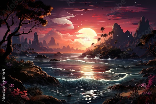 Fantasy wallpaper. Vaporwave sunset over the mountains