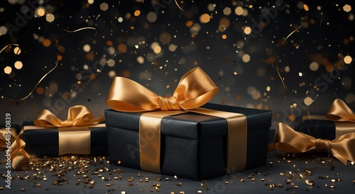 gold ribbon and gifts on a dark background