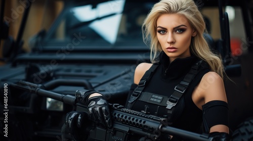 Blonde woman in a black special forces suit is armed with a rifle © DZMITRY