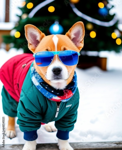 Cute dog wearing sunglasses and scarf in front of Christmas tree outside with snow winter. Generative Ai