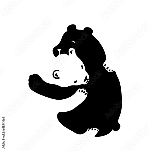 Vector isolated two cute hugging bears friends love  colorless black and white outline silhouette shadow shape stencil solid black