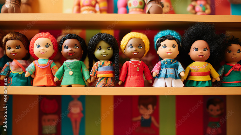 A toy store featuring dolls of various ethnicities, promoting inclusivity and representation for children A toy store featuring dolls of various ethnicities, promoting inclusivity and representation for children