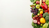 A vibrant array of fresh fruits and vegetables beautifully arranged against a neutral backdrop, emphasizing freshness