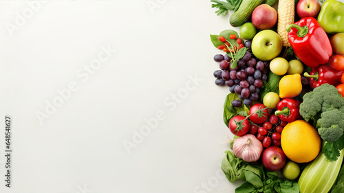 A vibrant array of fresh fruits and vegetables beautifully arranged against a neutral backdrop, emphasizing freshness