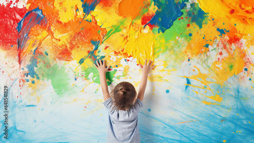 Child dipping fingers in paint, creating a vibrant mural of handprints on canvas