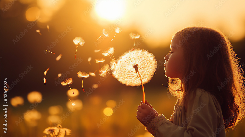 Girl blowing dandelion seeds, making a wish in the golden light of sunset - obrazy, fototapety, plakaty 