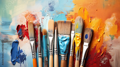 Displaying a set of artist brushes, paints, and a canvas, capturing the essence of creativity and art