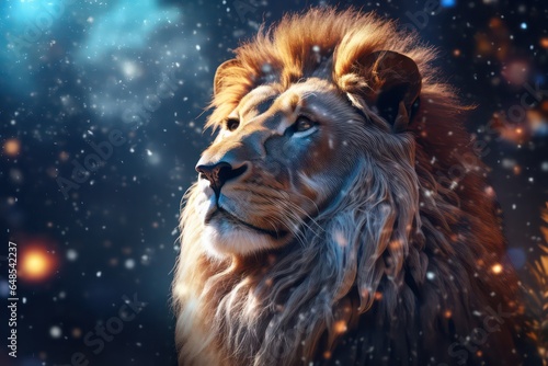 Portrait of a lion on blue bokeh background, with fireworks and snow, christmas and new year concept © annne