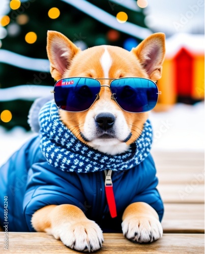 Cute dog wearing sunglasses and scarf in front of Christmas tree outside with snow winter. Generative Ai © JutaDesign