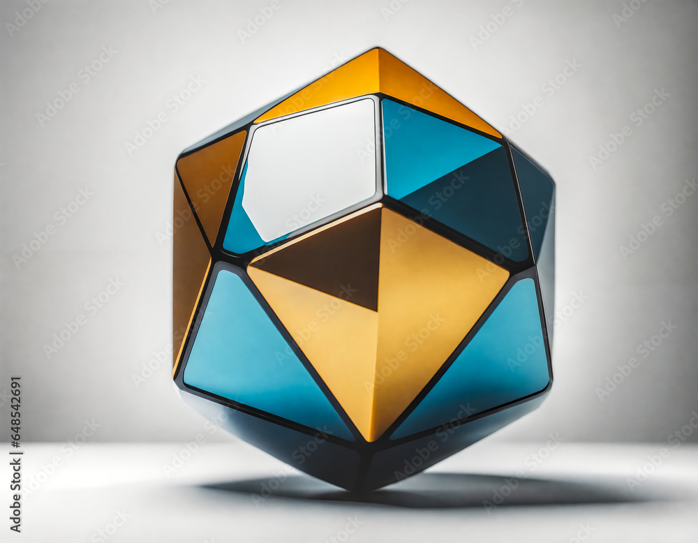 Geometric shape as a sculpture against a white background. The sculpture has blue and gold faces. Concepts of geometry, mathematics and philosophy. Geometric shape as a sculpture against a white background. The sculpture has blue and gold faces. Concepts of geometry, mathematics and philosophy.