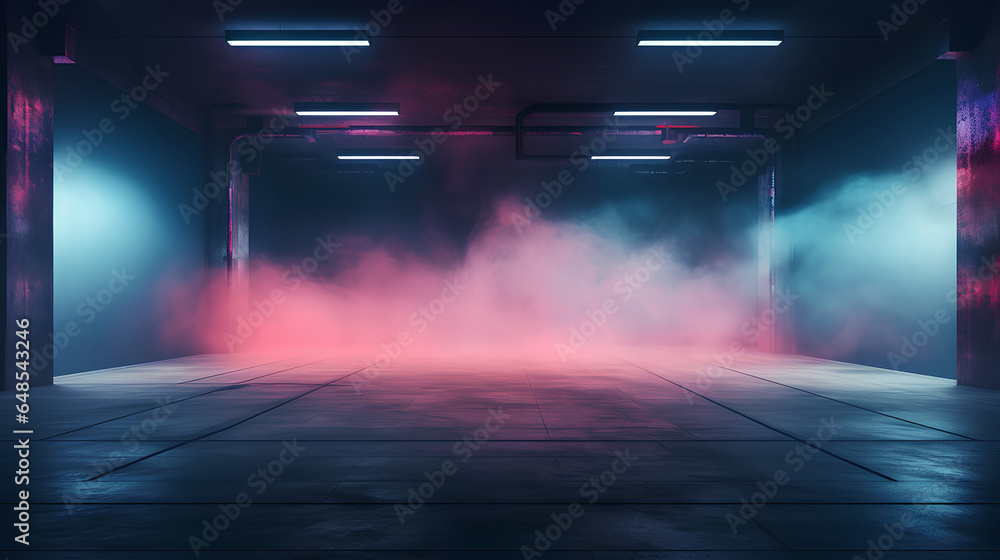 An atmospheric background featuring an empty room or street with neon lights, smoke, fog, and a gritty setting with asphalt and a concrete floor.