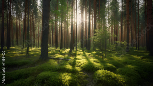 forest with tall trees and a sunny clearing one generative AI © NAWKO