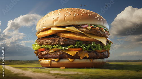 A giant burger is positioned on a grassy field with overhead clouds.