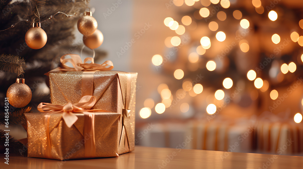Christmas tree adorned with gold and red ornaments against a sparkling, blurred background. Christmas tree adorned with gold and red ornaments against a sparkling, blurred background.