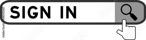 Search banner in word sign in with hand over magnifier icon on white background