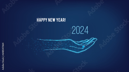 Happy New Year 2024 in hand from triangles and points on dark blue background