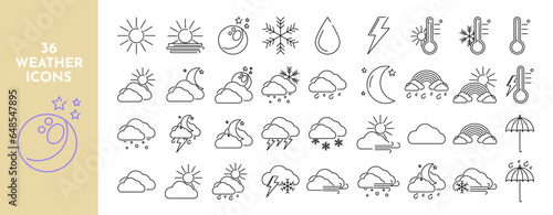 Weather line icons set. Sun  moon  stars  snow  snowflake  thunderstorm  rain  lightning  wind  temperature  rainbow  umbrella  clouds  crescent. Vector stock illustration.