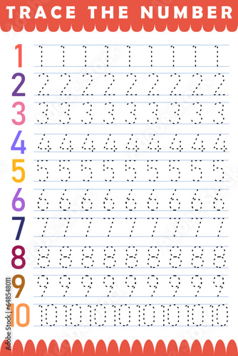 Number 1 to 10 handwriting tracing practice worksheet. Educational for kids and preschool